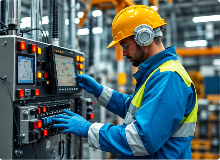 Industrial technician operating process control equipment