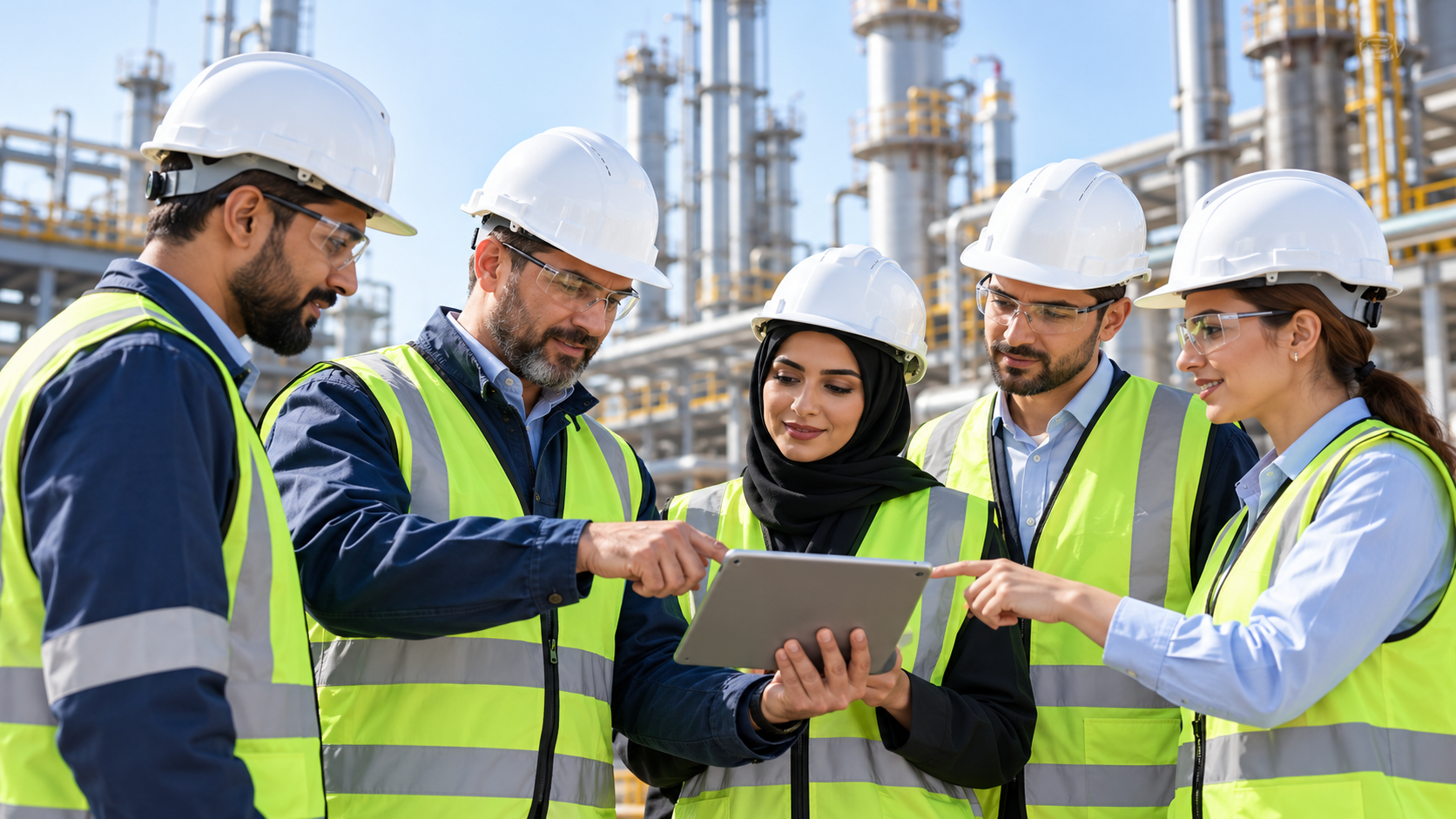 Industrial professionals collaborating around a project plan