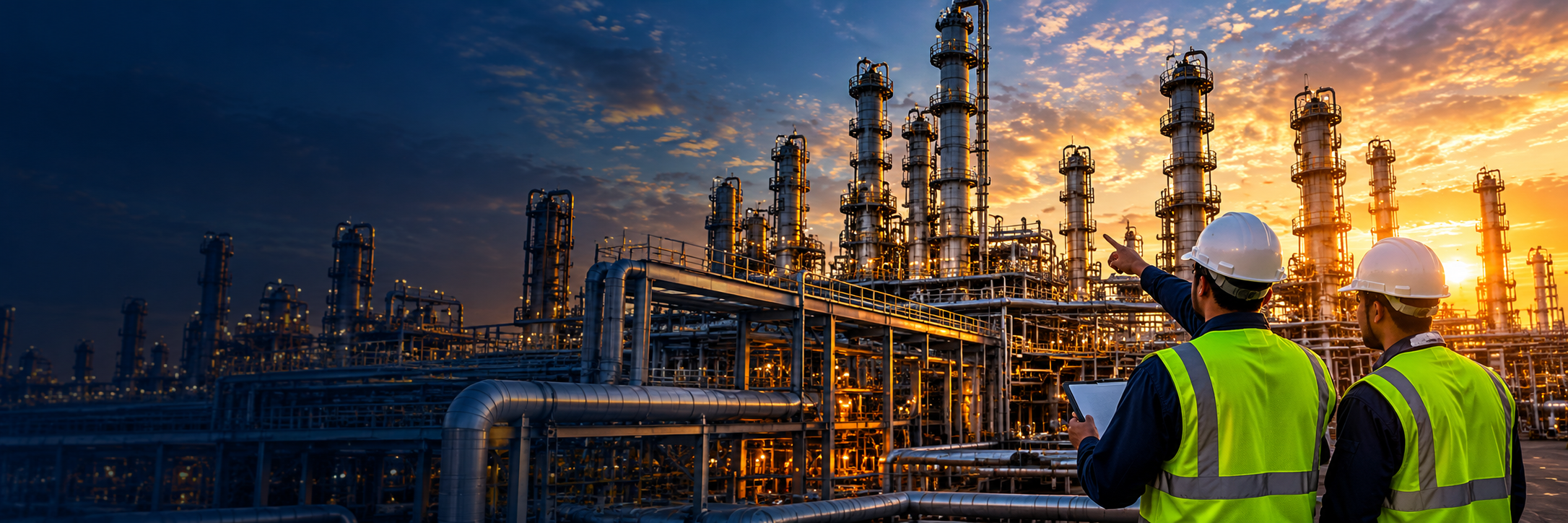 Industrial refinery and safety engineers at sunset